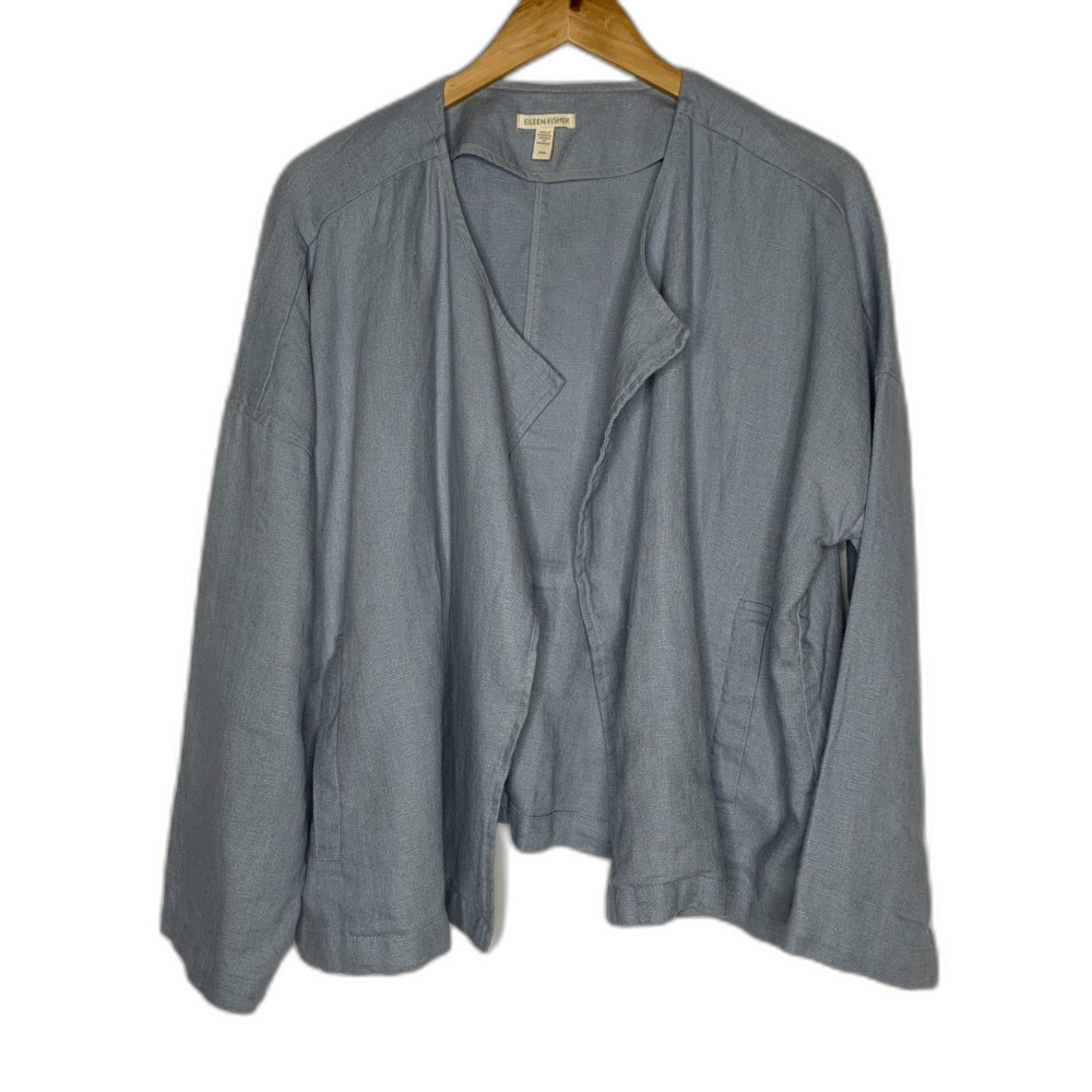Eileen Fisher 100% Organic Linen Blue Open Front Jacket Size Medium